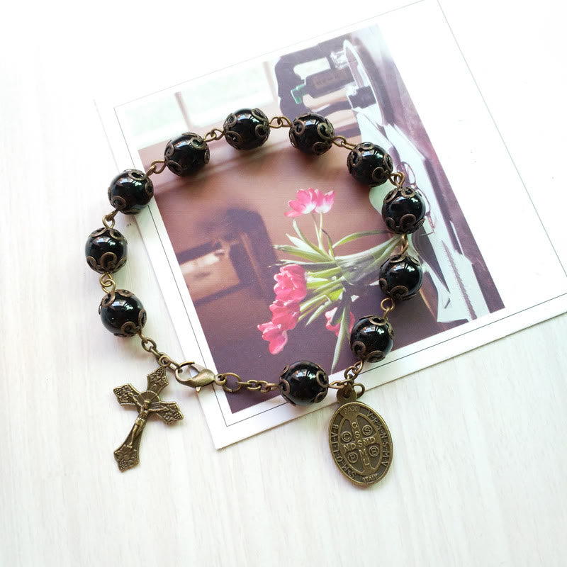 Olivenorma Obsidian Heiliger Medaillen-Kreuz-Anhänger Rosenkranz-Armband 