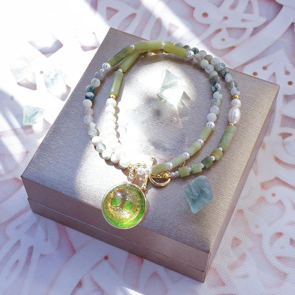 Olivenorma Peridot Perle Baum des Lebens Halskette Armband Schmuckset 