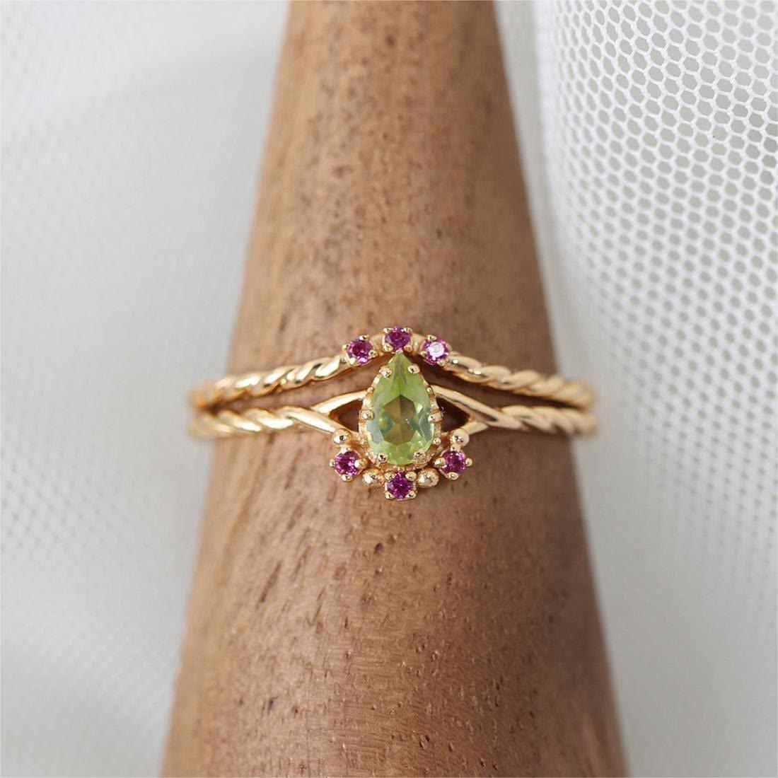 Olivenorma Zierliches Peridot Pink Kristall Stapelbares Verstellbares Ringset 