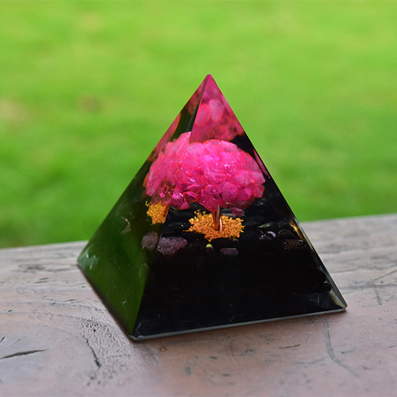 Olivenorma Obsidian mit rosa Kristall-Heil-Orgonpyramide