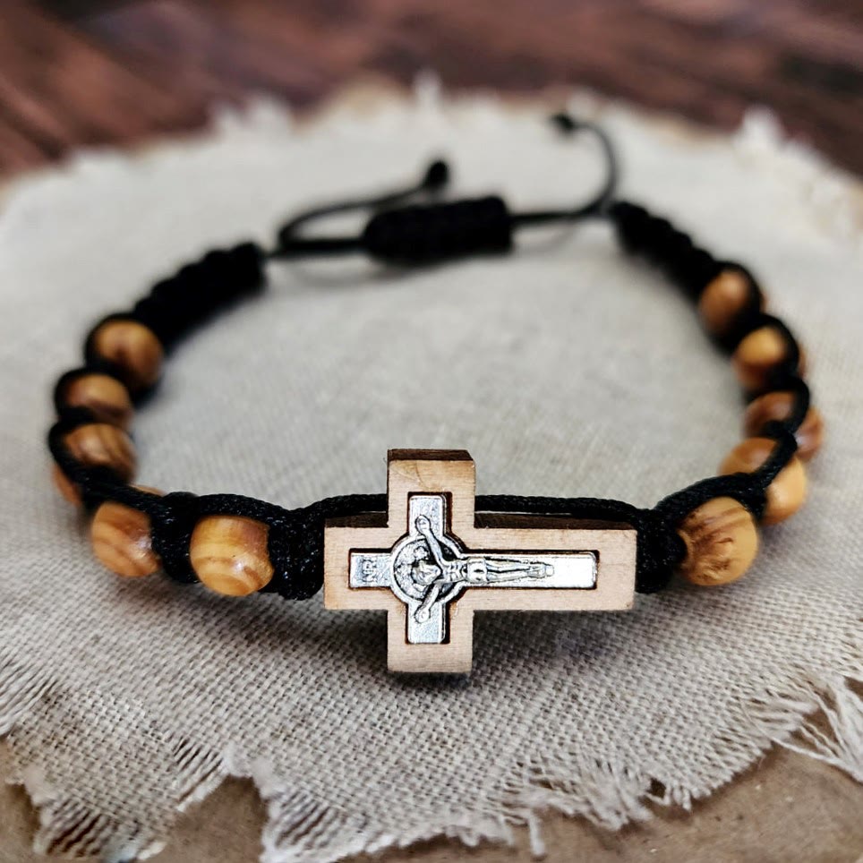 Olivenorma Kreuz Jesus Holz Rosenkranz Wickelarmband 