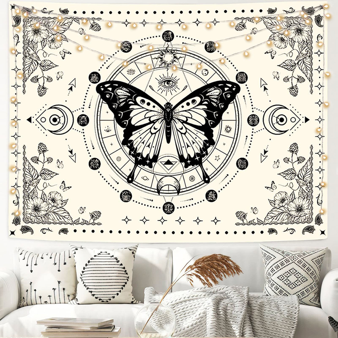 Olivenorma Black Butterfly Moon Flower Beige Wandteppich