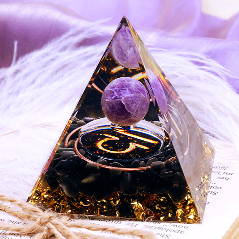 Olivenorma Amethystkugel mit Obsidian-Zodiac Waage Orgon-Pyramide 