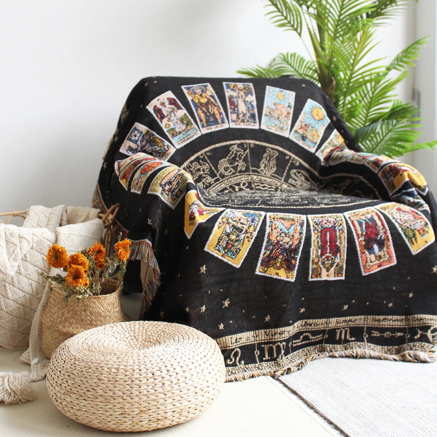 Olivenorma Tarotkarten-Kompass gewebte Boho-Decke mit Quasten