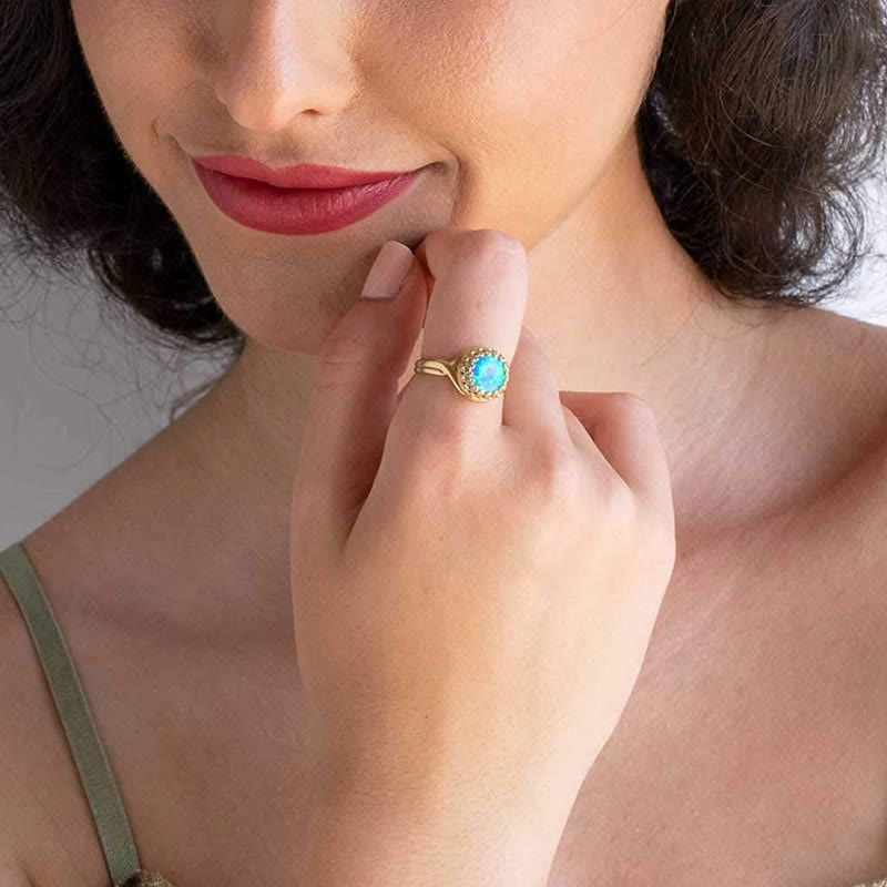 Olivenorma "Friedensenergie" - Vergoldet über 925 Sterling Silber Blauer Opal Ring 