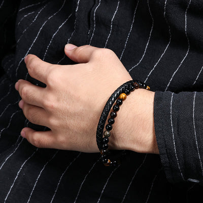 Olivenorma Herren Perlen Lederarmband mit Zwei Schichten 