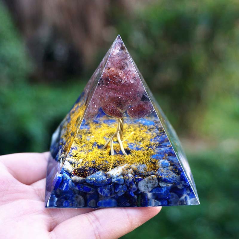 Olivenorma Lapislazuli mit Erdbeerquarz Baum des Lebens Orgonpyramide 