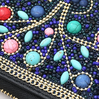 Olivenorma Clutch-Tasche mit türkisfarbenen Reisperlen und Lebensbaum-Muster 