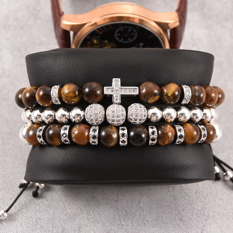 Olivenorma 3er-Set Tigerauge Stein Perlen Männer Kreuz Armband 