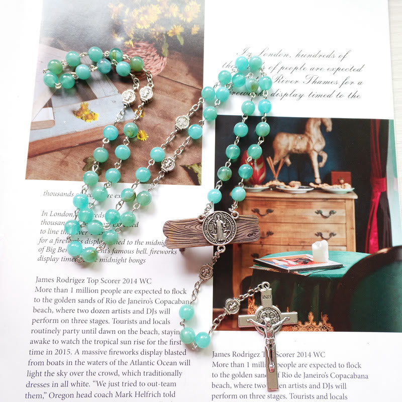 Olivenorma Amazonit-Medaillenkreuz-Rosenkranz-Anhänger-Halskette - image 5