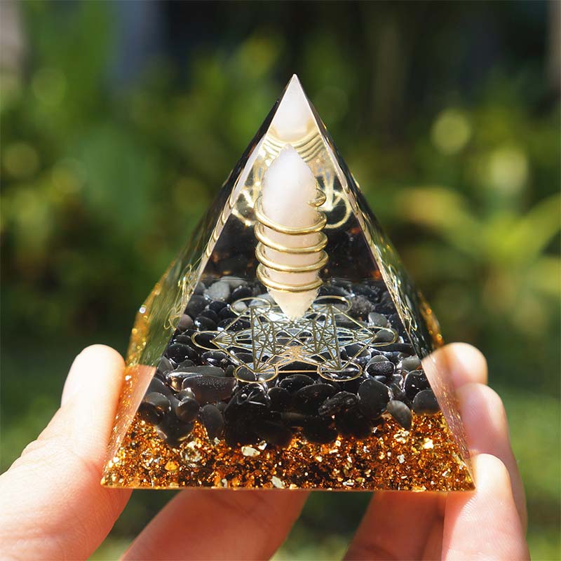 Olivenorma Rosenquarz mit Obsidian Orgon-Pyramide