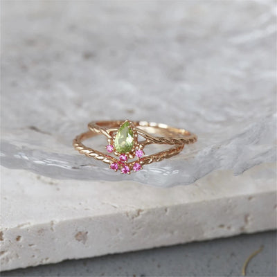 Olivenorma Zierliches Peridot Pink Kristall Stapelbares Verstellbares Ringset 