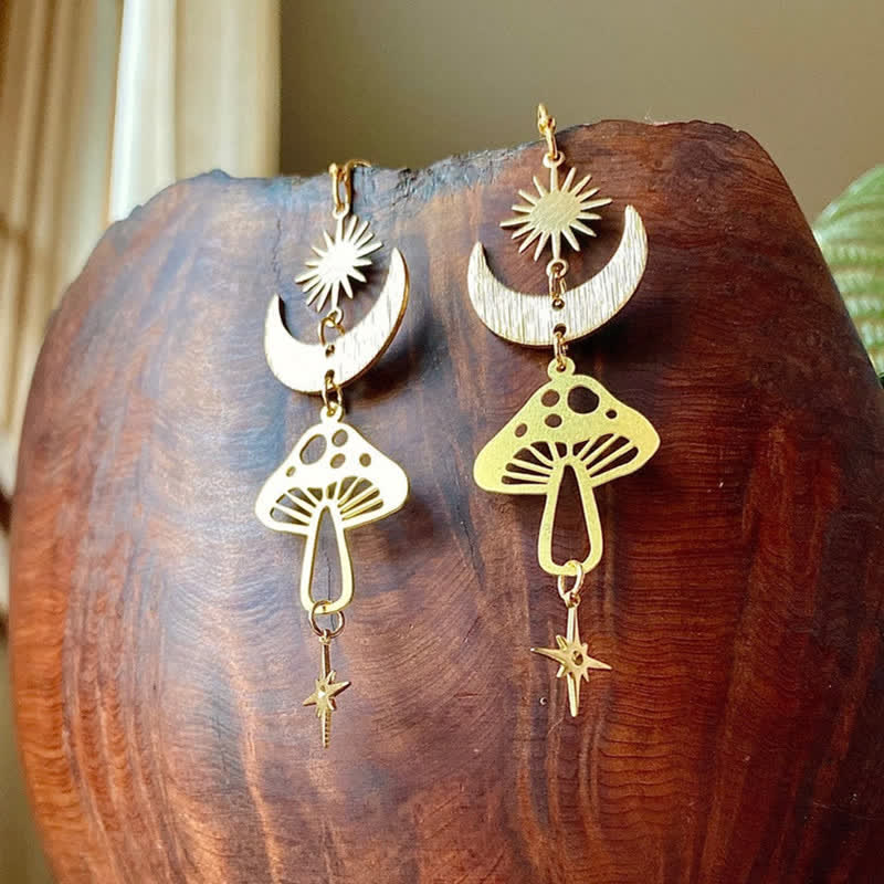 Olivenorma Bohemia Gold Mushroom Moon Star Earrings