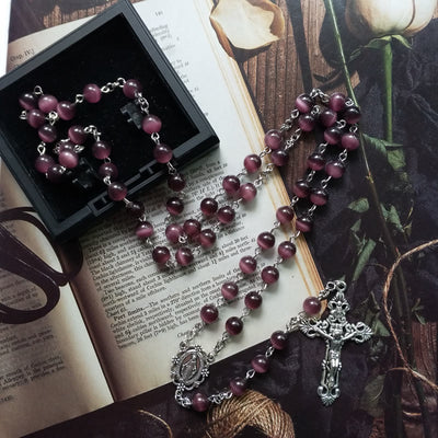 Olivenorma Lila Katzenauge Stein Kreuz Rosenkranz Halskette - Lila Katzenaugenstein&Kreuz - image 0