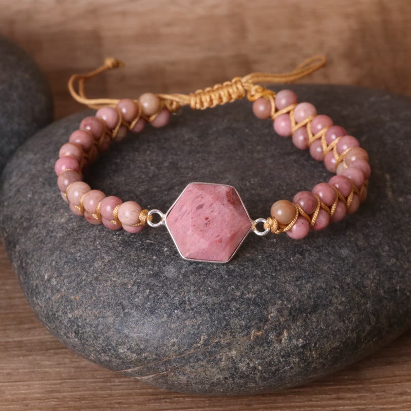 Olivenorma Hexagon Aquamarin Rhodochrosit Wickelarmband 