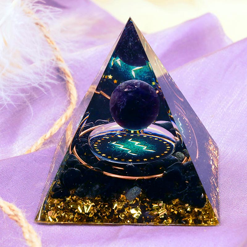 Olivenorma Amethystkugel mit Obsidian-Zodiac Wassermann Orgon-Pyramide 