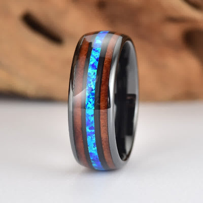 Olivenorma Koa Wood und Abalone Shell Wolframkarbid Ring