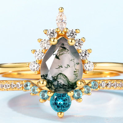 Olivenorma Moosachat Paraiba Turmalin 2 Stück 925 Silber Ring