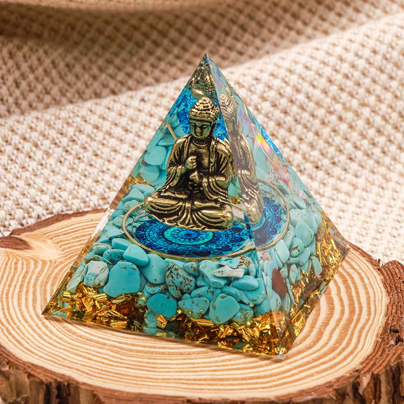 Olivenorma Buddha mit natürlich türkis ausgewogener Orgonpyramide 