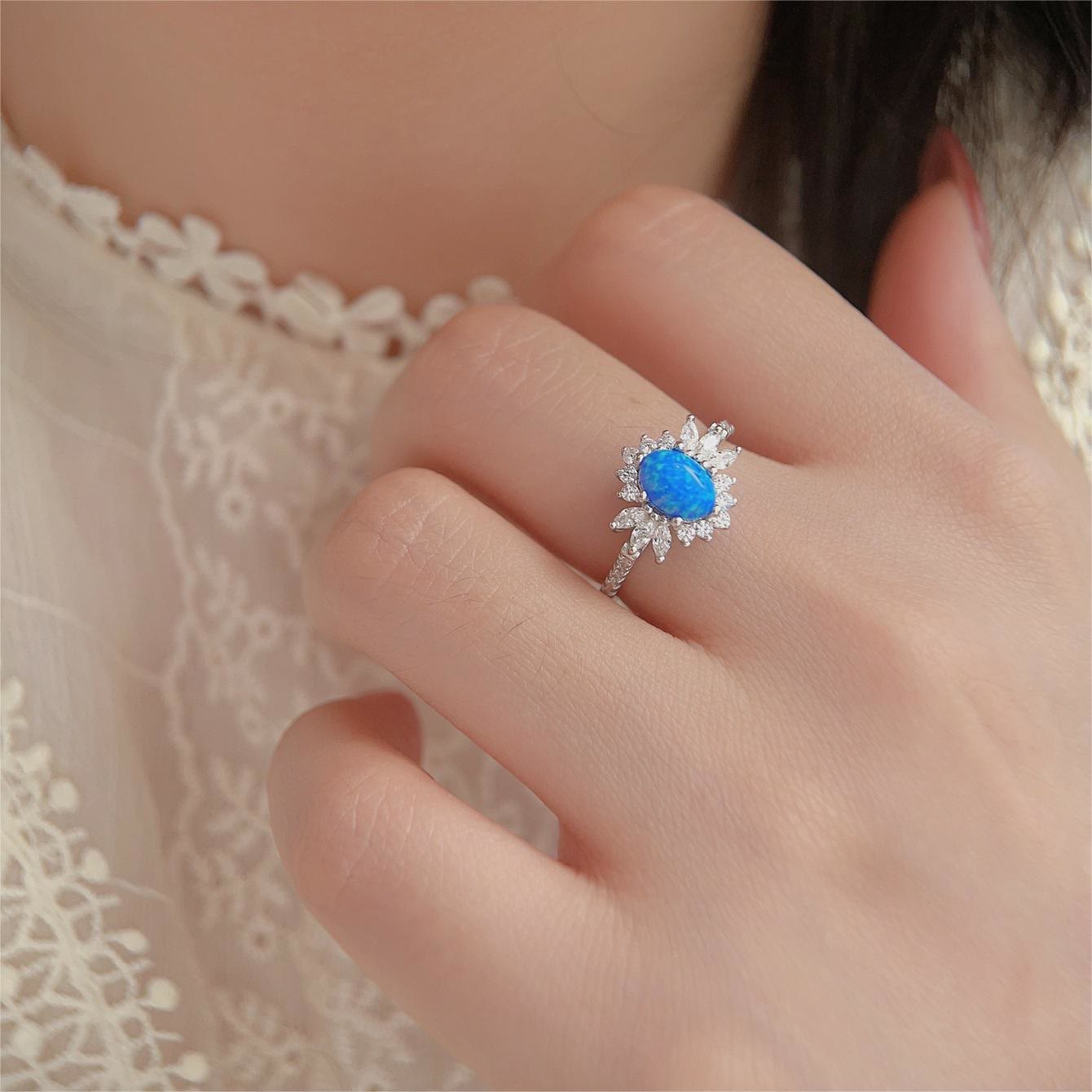 Olivenorma Weiß-Blauer Opal Sonnenblumen-Design 925 Silberring 