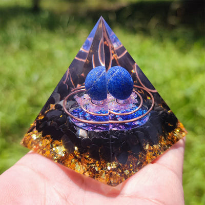 Olivenorma Lapislazuli-Sphäre mit Obsidian-Orgon-Pyramide