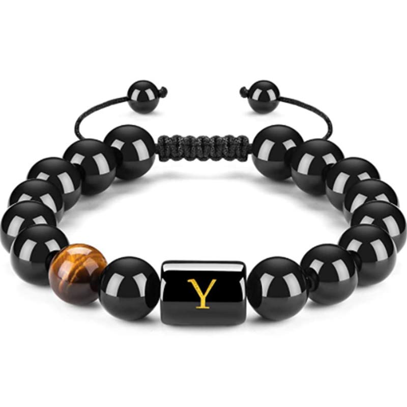 Olivenorma Tigerauge mit schwarzem Onyx heilendes Buchstabenarmband