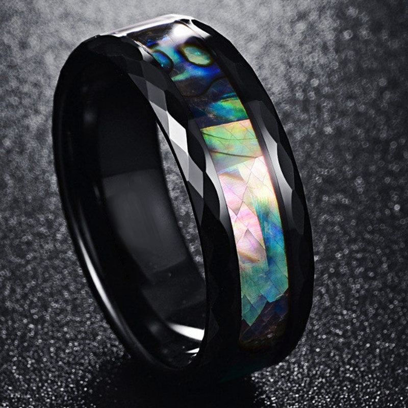 Olivenorma Koa Wood und Abalone Shell Wolframkarbid Ring