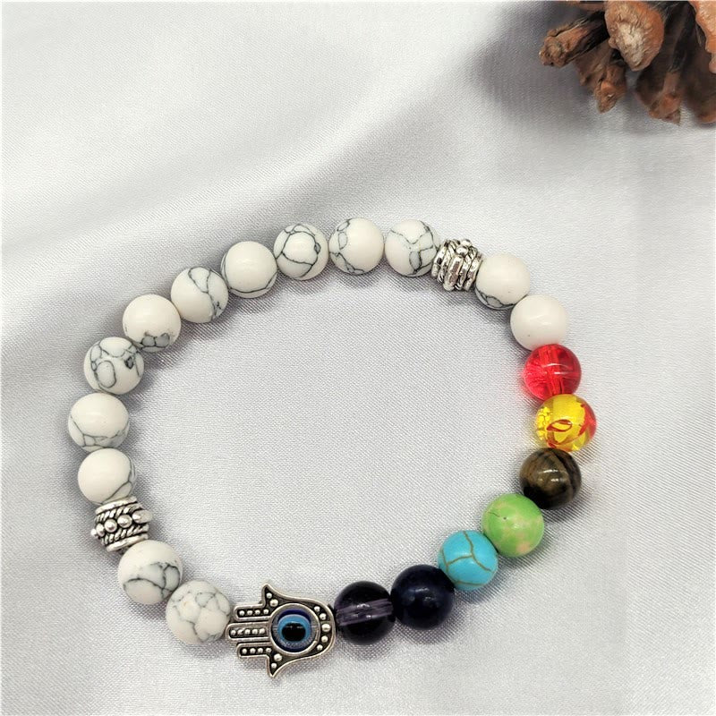 Olivenorma Buntes Chakra Böses Auge Hamsa Perlenarmband