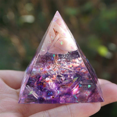 Olivenorma Baum des Lebens Pink Opal mit Amethyst-Orgon-Pyramide