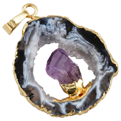 Olivenorma Halskette mit natürlichem Achat und Geode und Amethyst 