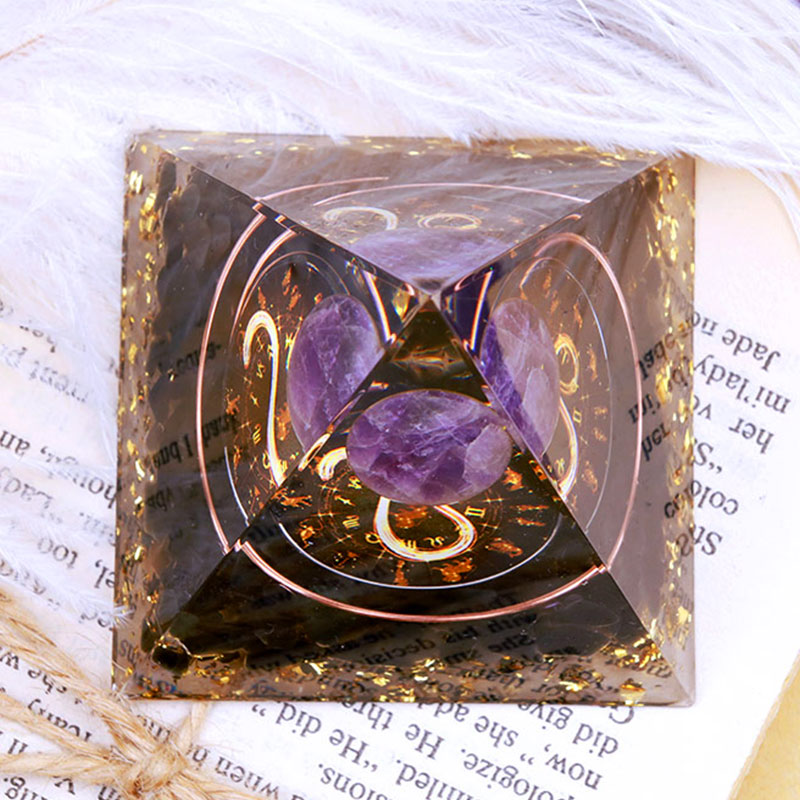 Olivenorma Amethystkugel mit Obsidian Zodiac Löwe Orgonpyramide 