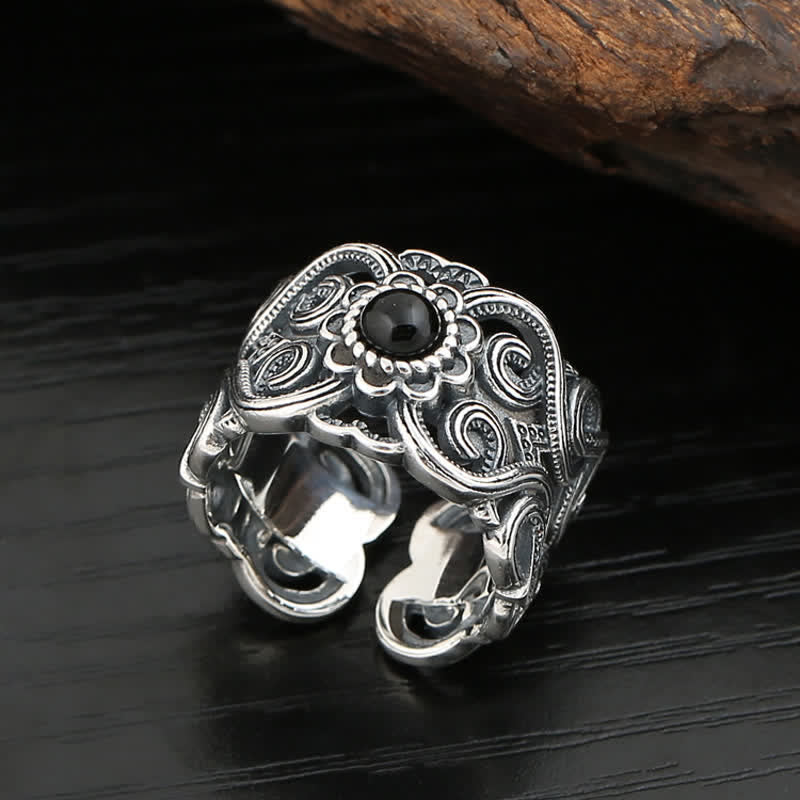 Olivenorma Ethnischer Einstellbarer Ring mit Schwarzem Onyx-Muster