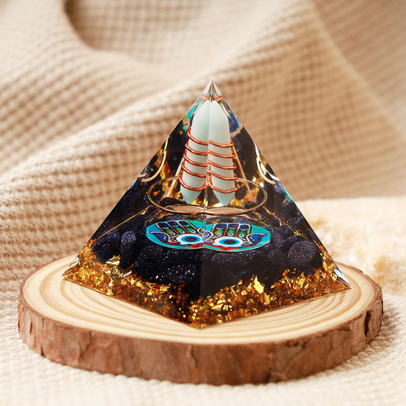 Olivenorma Aquamarin Säule Hamsa Böser Blick Orgon-Pyramide