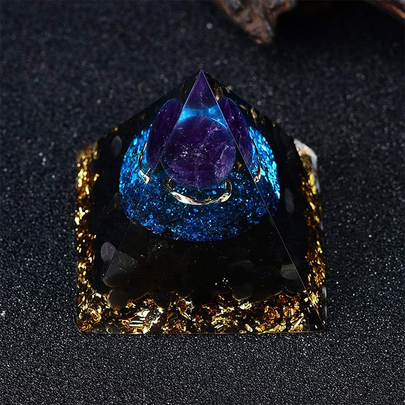 Olivenorma Amethystkugel mit Blauer Quarz Reki Orgon-Pyramide 