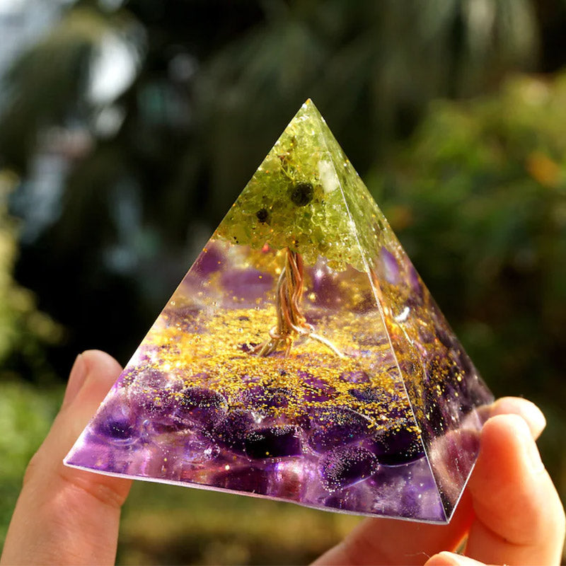 Olivenorma Peridot mit Amethyst Baum des Lebens Orgon Pyramide 