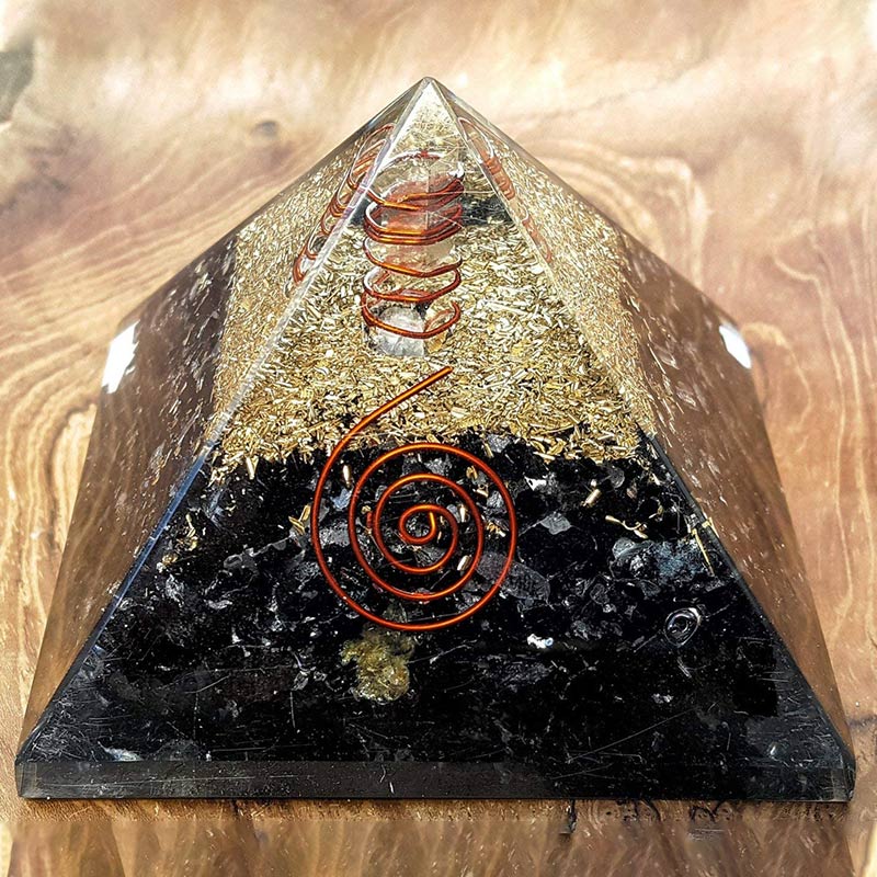 Olivenorma Schwarzer Turmalin mit klarem Kristall Mental Balance Orgone Pyramide 