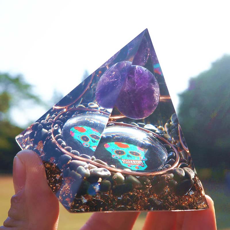 Olivenorma Amethyst Obsidian Schädel Symbol Orgon-Pyramide 