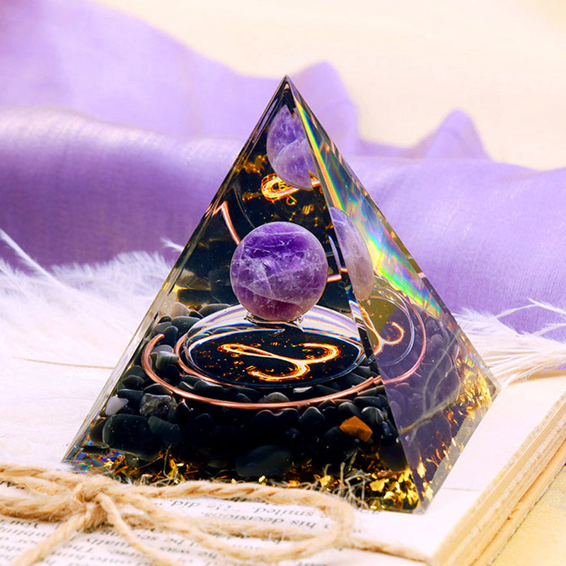 Olivenorma Amethystkugel mit Obsidian-Zodiac-Widder-Orgonpyramide