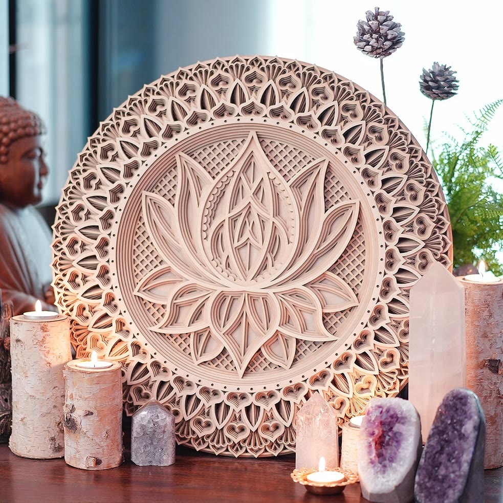 Olivenorma Pink Lotus Mandala 3D Gravur Wanddeko 