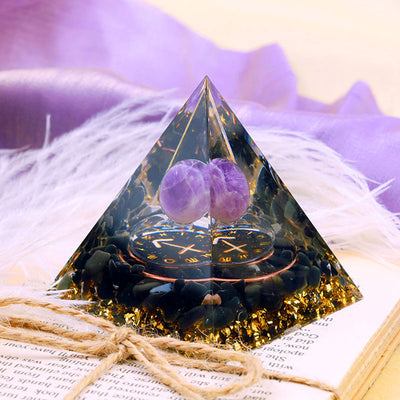 (Räumungsverkauf 30% Rabatt / CODE: OFF30) - Olivenorma Amethystkugel mit Obsidian Zodiac Schütze Orgon Pyramide