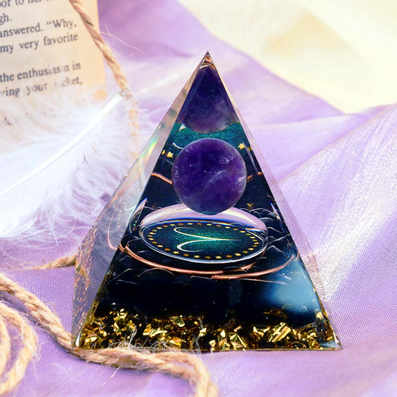 Olivenorma Amethystkugel mit Obsidian-Zodiac-Widder-Orgon-Pyramide 