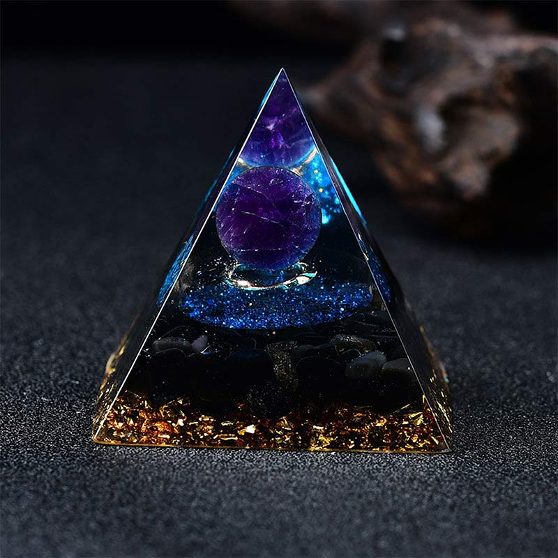 Olivenorma Amethystkugel mit Blauer Quarz Reki Orgon-Pyramide 