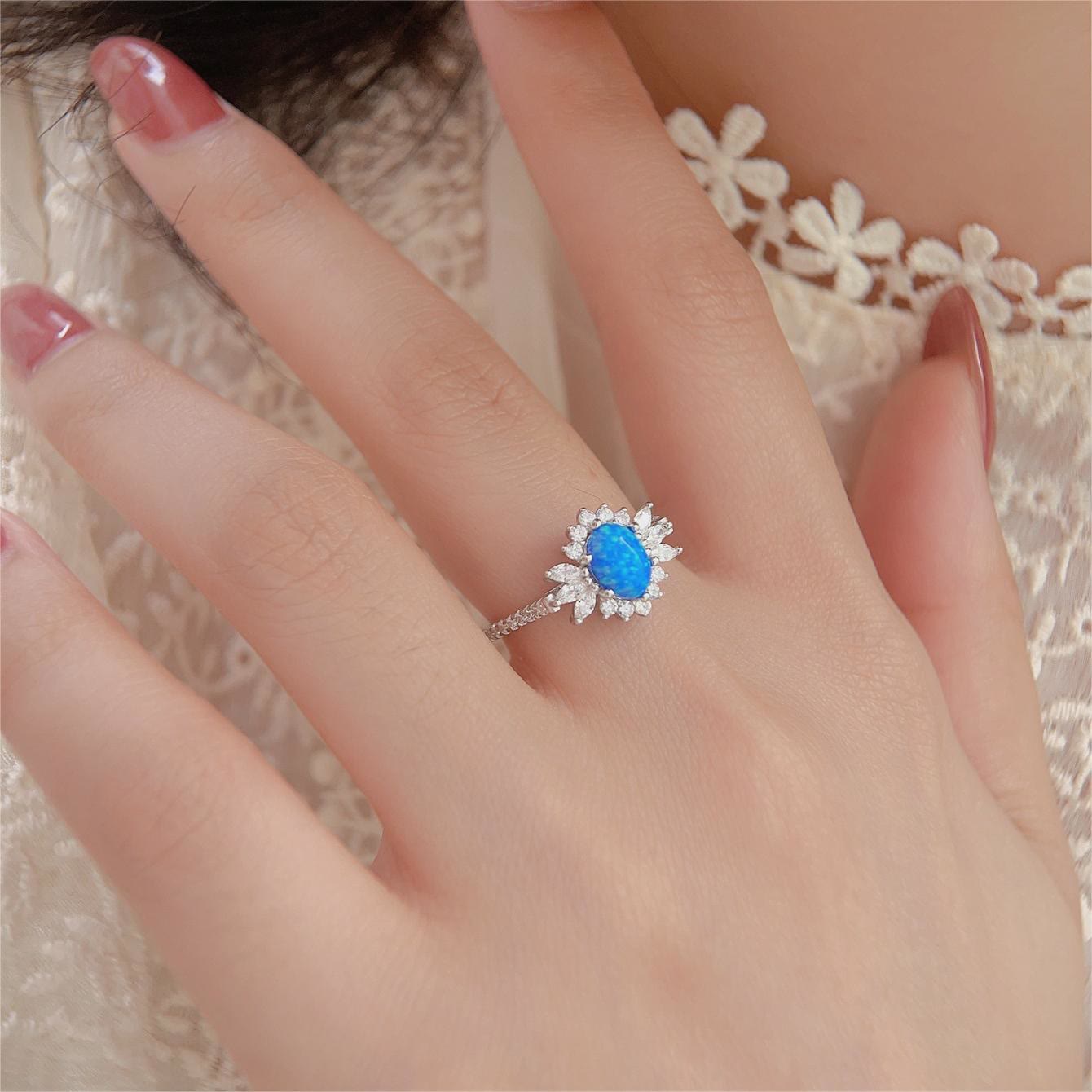 Olivenorma Weiß-Blauer Opal Sonnenblumen-Design 925 Silberring 