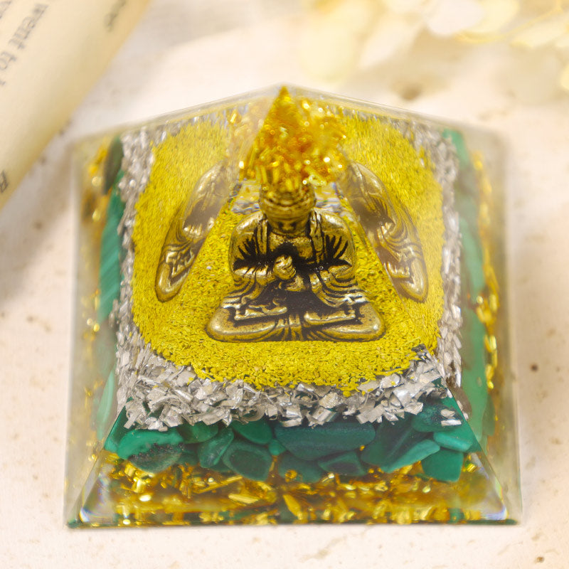 (Abverkauf 30 % RABATT / CODE: OFF30) - Olivenorma Malachit mit Buddha-Schutz-Orgon-Pyramide 