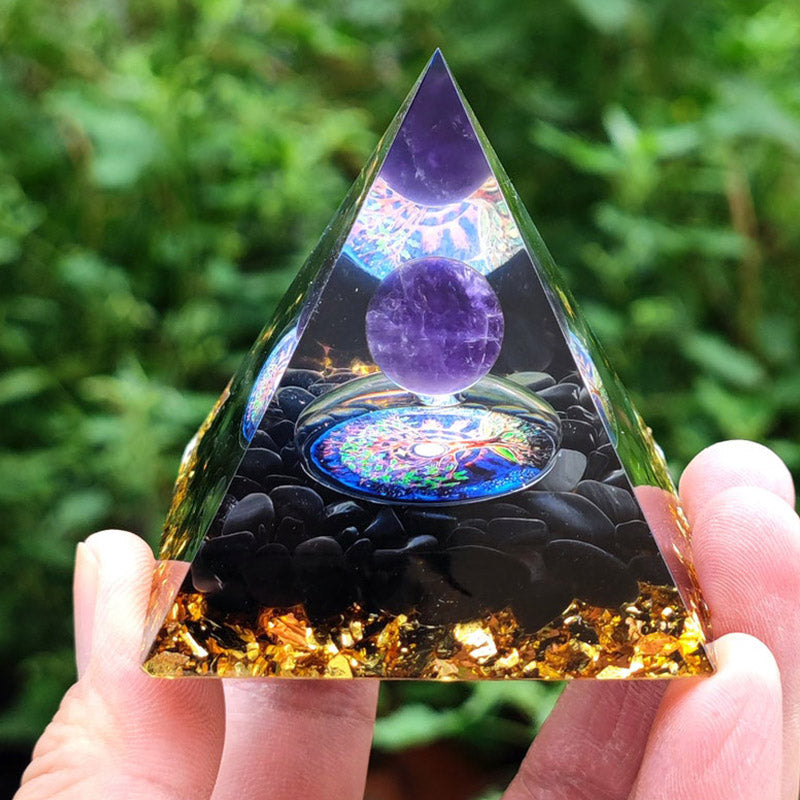 Olivenorma Amethyst-Kristallkugel mit Obsidian-Naturkristall-Orgonpyramide 