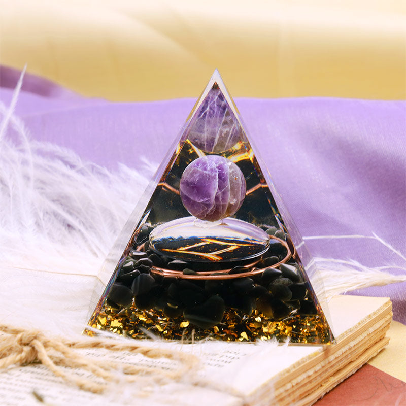 Olivenorma Amethyst Kugel mit Obsidian Zodiac Zwillinge Orgone Pyramide