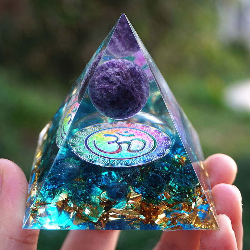 Olivenorma Blauer Quarz mit Amethyst Kugel OM Orgon Pyramide 