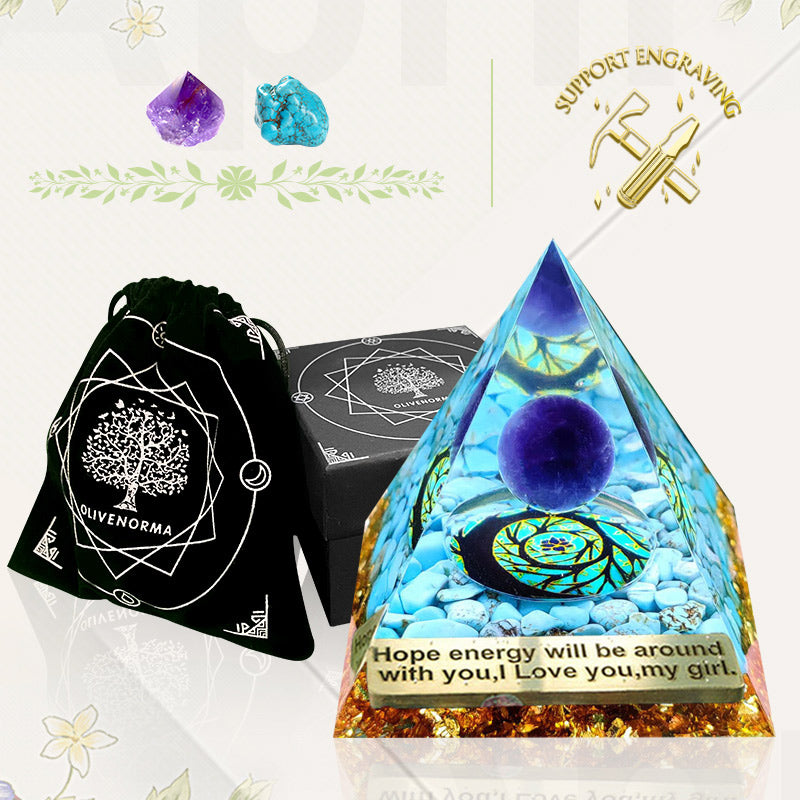 Olivenorma Türkis mit Amethyst Kugel Orgon-Pyramide 