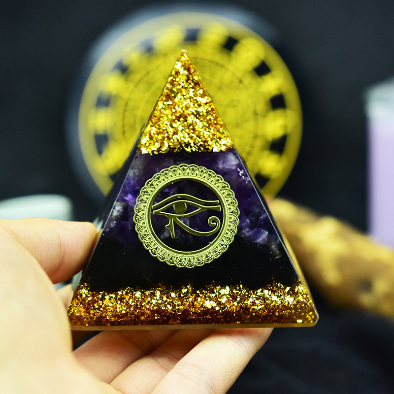 Olivenorma Amethyst Obsidian Auge-des-Horus-Symbol Orgon-Pyramide