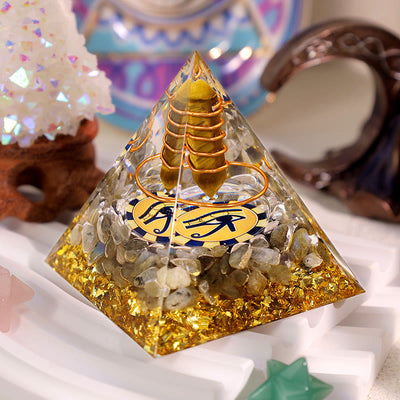 Olivenorma Tiger Eye Labradorit Auge des Horus-Orgone-Pyramide